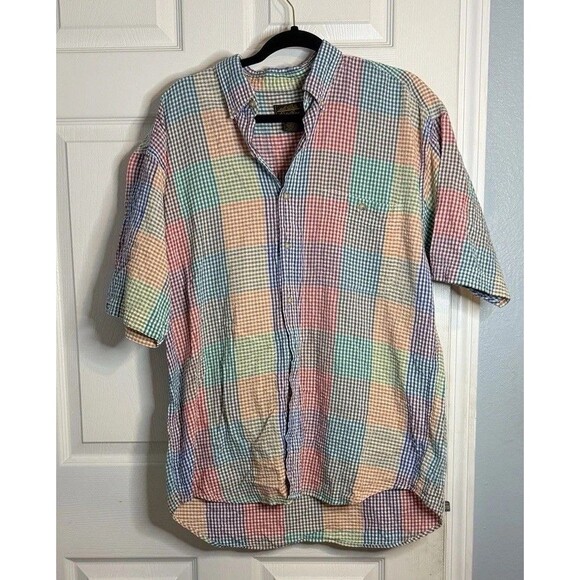 VTG Men’s Eddie Bauer Short Sleeve Button Up Color Bloch Grandpa Core Dopamine L - Picture 1 of 9